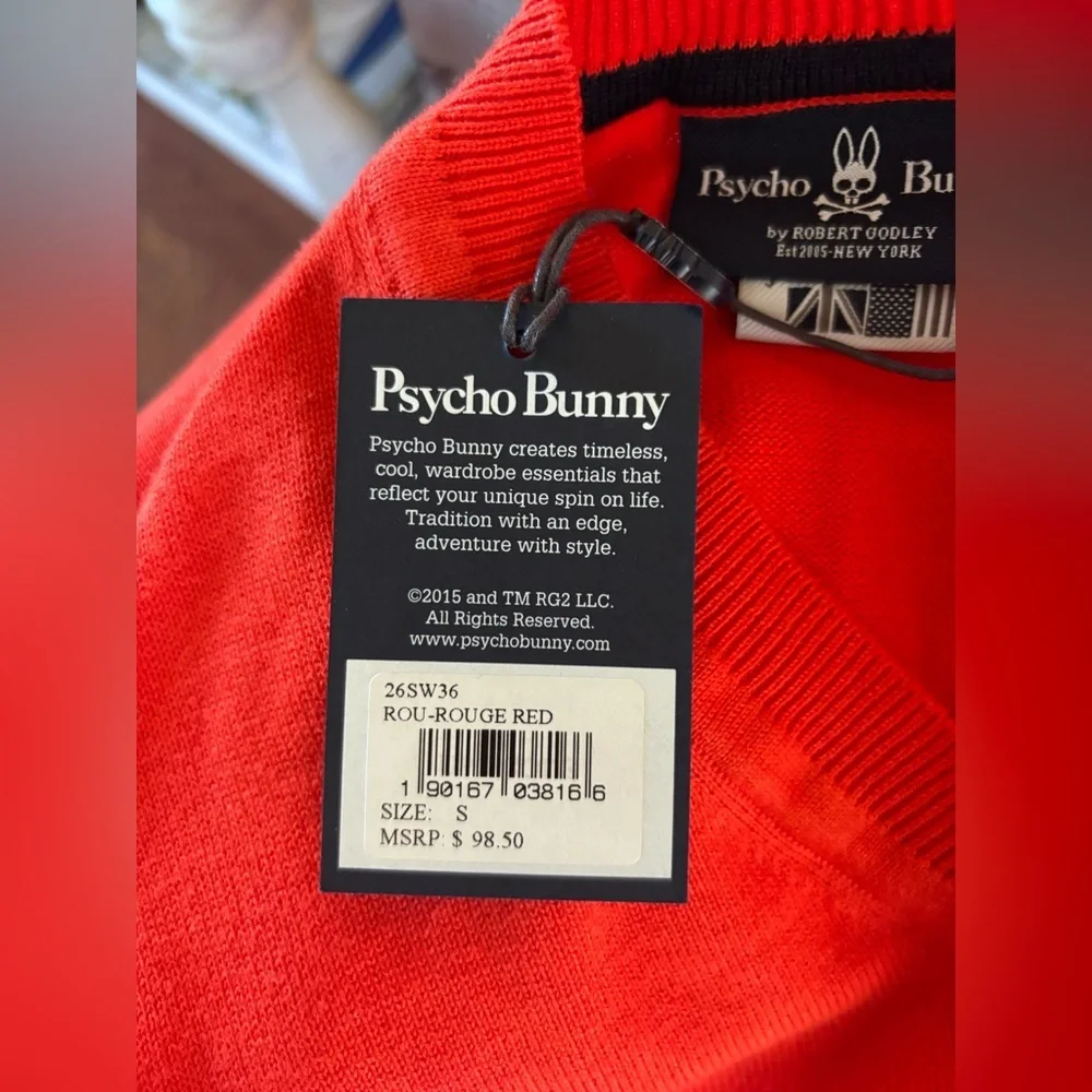 Psycho Bunny Mens Rouge Red Pima Cotton V-Neck Sweater 26SW36 Small